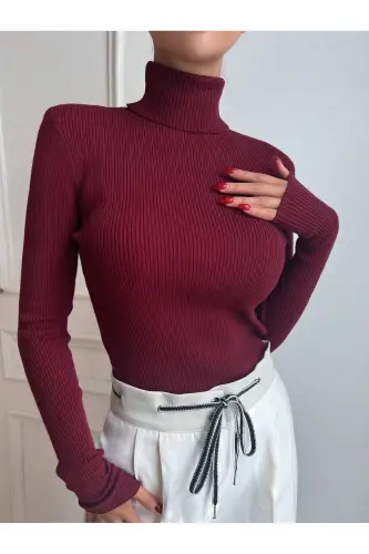 Ayollar bordo paxta baliqchi yoqali shardonli slimfit bo'g'izli kozok-biskvit 