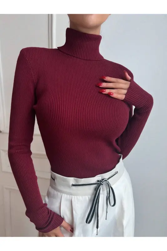 Ayollar bordo paxta baliqchi yoqali shardonli slimfit bo'g'izli kozok-biskvit - 1