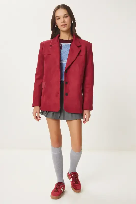 Ayollar Bordo Premium Zamsh Blazer Kurtka FN03443-Bordo - 1