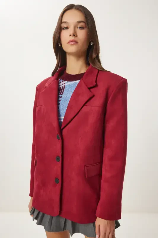 Ayollar Bordo Premium Zamsh Blazer Kurtka FN03443-Bordo - 3