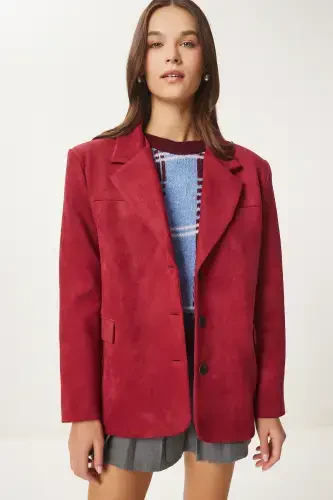 Ayollar Bordo Premium Zamsh Blazer Kurtka FN03443-Bordo - 4