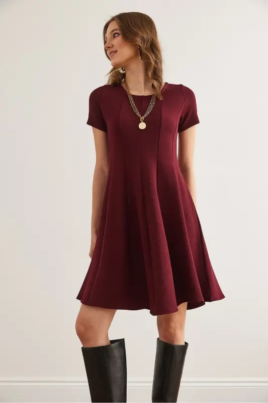 Ayollar Bordo Qismli Trend Mini Klos Elbise ELB-190 - 2