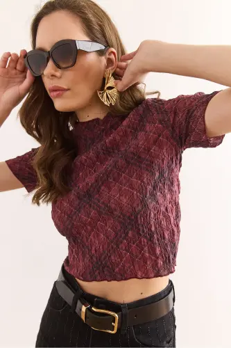 Ayollar bordo raqamli bosma Crop burumcuk bluz blz - 3