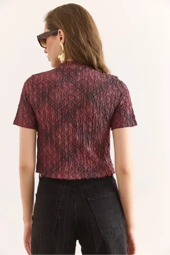 Ayollar bordo raqamli bosma Crop burumcuk bluz blz - 6