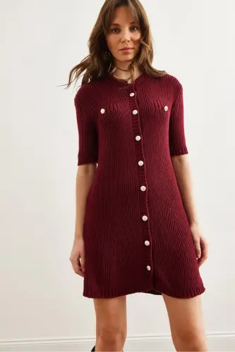 Ayollar Bordo Tugmali Mini Trikotaj Ko'ylak ELB-19002329 - 5