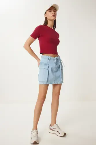 Ayollar Bordo Velosiped Yoqali Crop Futbolka UB00064-Bordo - HAPPINESS İSTANBUL (1)