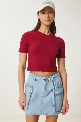 Ayollar Bordo Velosiped Yoqali Crop Futbolka UB00064-Bordo - 3