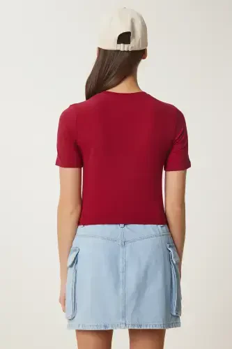 Ayollar Bordo Velosiped Yoqali Crop Futbolka UB00064-Bordo - 5