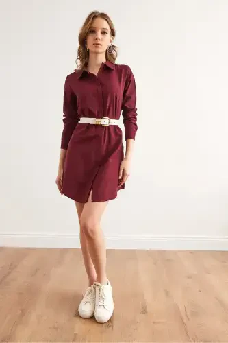 Ayollar Bordo Yashirin Patli To'quv Mini Ko'ylak Ko'ylak - 3