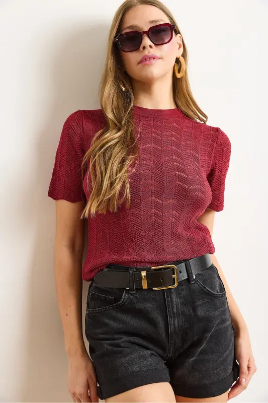 Ayollar Bordo Zigzag Ajurli Merserize Viskoza Triko Bluz BLZ-19003010-Bordo - 1