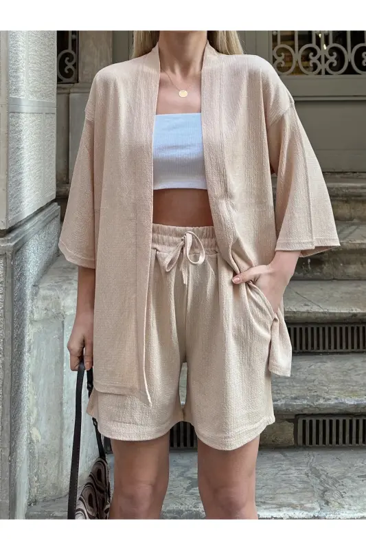 Ayollar bosimi past yelkali shortli kimono to'plami-bej - 1