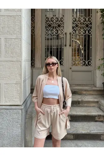 Ayollar bosimi past yelkali shortli kimono to'plami-bej - 3