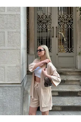 Ayollar bosimi past yelkali shortli kimono to'plami-bej - 6