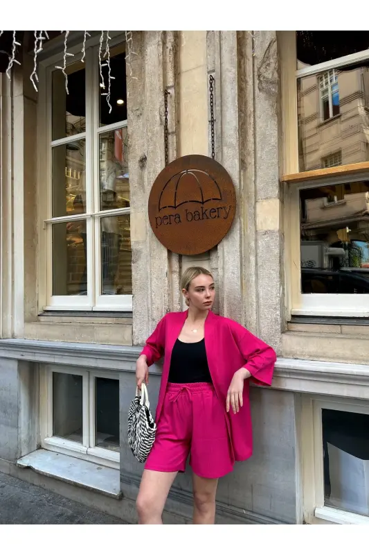 Ayollar bosimi past yelkali shortli kimono to'plami - pushti - 7