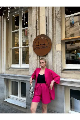 Ayollar bosimi past yelkali shortli kimono to'plami - pushti - 8