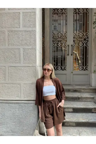 Ayollar bosma pastga yelka shortli kimono to'plami-jigarrang - 5