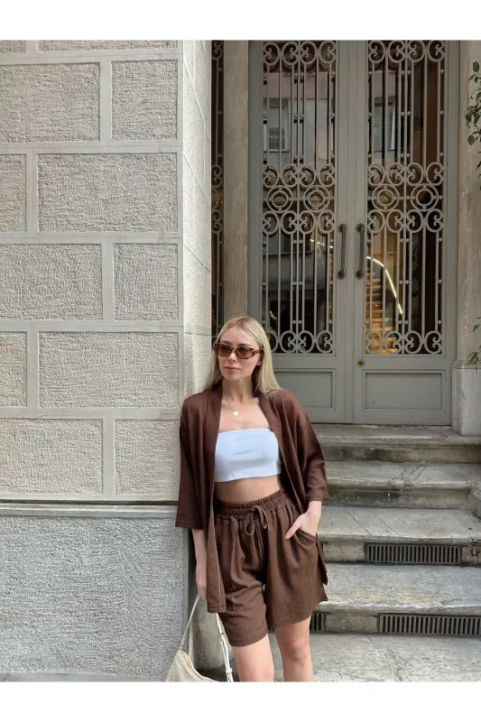 Ayollar bosma pastga yelka shortli kimono to'plami-jigarrang - 5