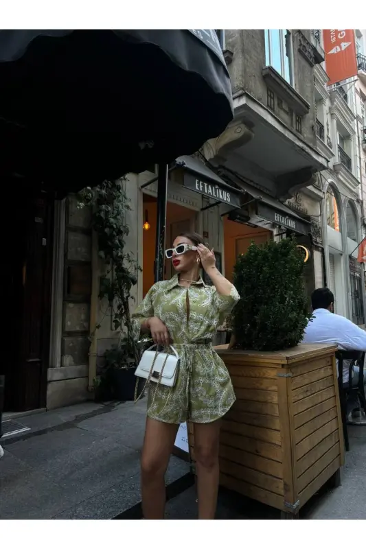 Ayollar Brode Mato Oversize Ko'ylak Shorti Kostyumi - Haki Naqshli - 2