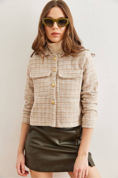 Ayollar Camel cho'ntakli tugmali bezakli twid ko'ylagi CKT-19000411 - 6