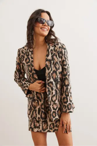 Ayollar Camel Leopard Fleto cho'ntakli astarlı palto Blazer ko'ylagi CKT-19000403-Camel Leopard - 3