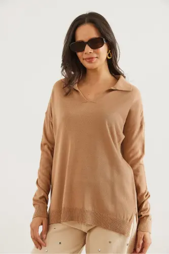 Ayollar Camel Polo Yoqali Asosiy Trikotajli Kozok KZK-19000871-Camel - 2