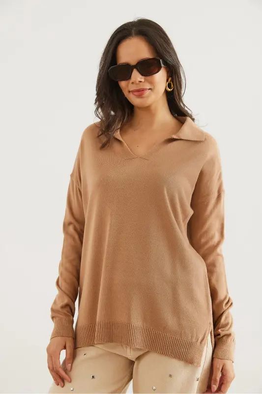 Ayollar Camel Polo Yoqali Asosiy Trikotajli Kozok KZK-19000871-Camel - 2