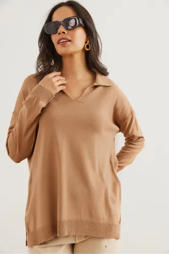 Ayollar Camel Polo Yoqali Asosiy Trikotajli Kozok KZK-19000871-Camel - 3