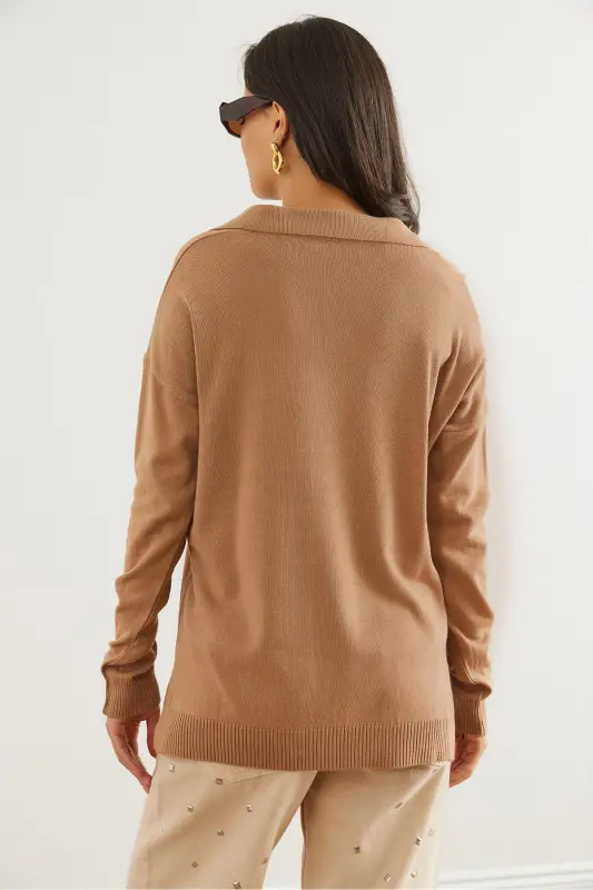 Ayollar Camel Polo Yoqali Asosiy Trikotajli Kozok KZK-19000871-Camel - 6