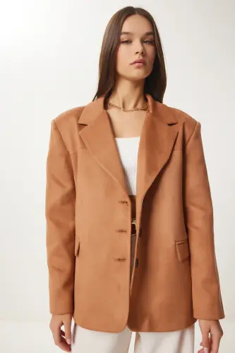 Ayollar Camel Premium Zamsh Blazer Kurtka FN03443-Camel - HAPPINESS İSTANBUL (1)