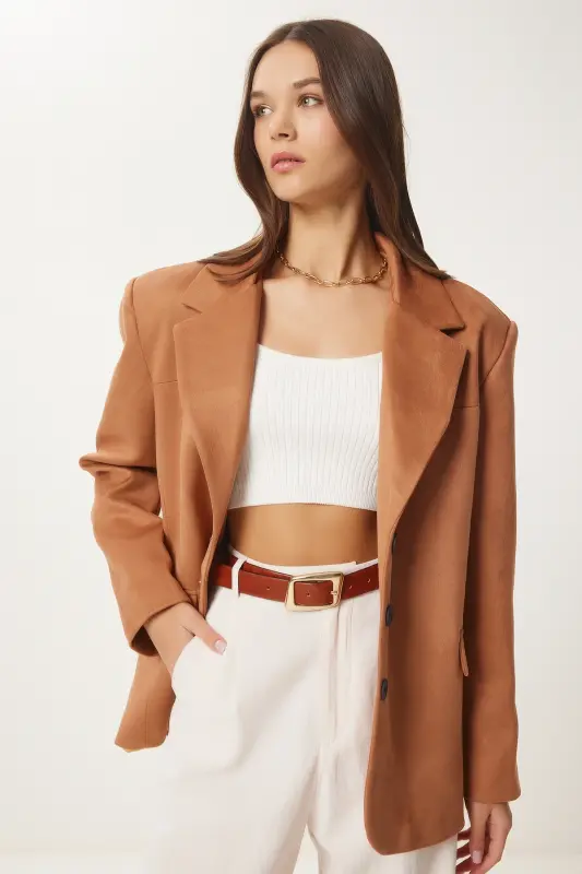 Ayollar Camel Premium Zamsh Blazer Kurtka FN03443-Camel - 3