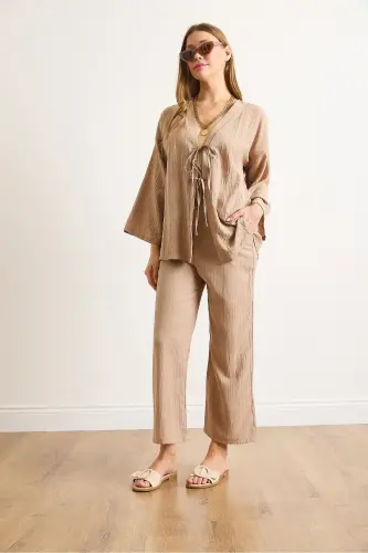 Ayollar Camel Yuqori Bog'ichli Kardigan Pastki cho'ntakli shim - OLALOOK (1)