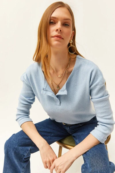 Ayollar chaqaloq ko'k tugmali gulchambar yumshoq kozok KZK-19000721 - 1