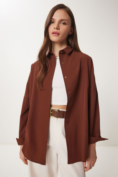 Ayollar Chokolat Oversize Uzun Basic Ko'ylak DD00842 - HAPPINESS İSTANBUL