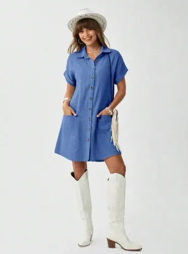 Ayollar cho'ntak detallari muslin matodan mini ko'ylak - 5