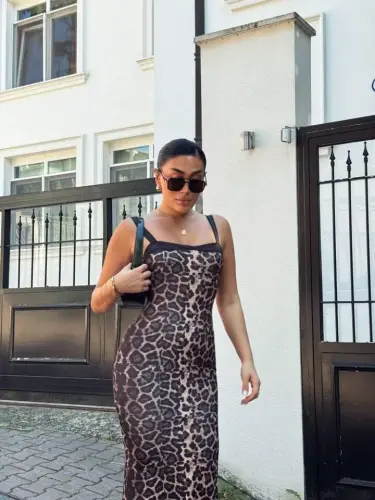 Ayollar Dalğaç Mato Raqamli Leopard Naqşli Midi Bo'yli Ko'ylak - 1