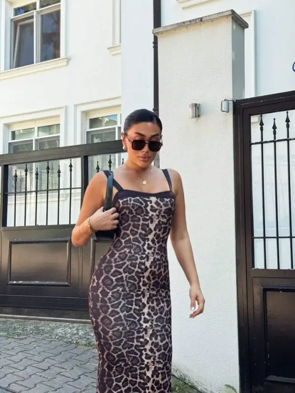 Ayollar Dalğaç Mato Raqamli Leopard Naqşli Midi Bo'yli Ko'ylak - BÜYÜKBEDENIZ