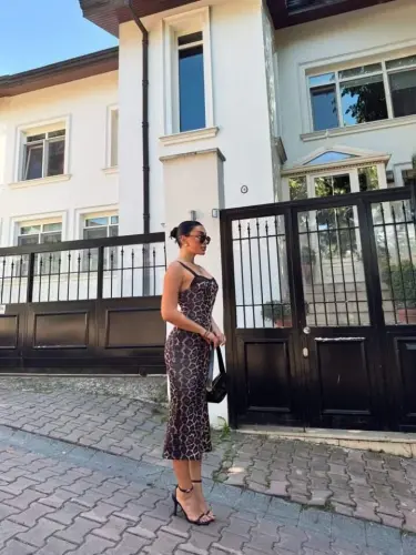 Ayollar Dalğaç Mato Raqamli Leopard Naqşli Midi Bo'yli Ko'ylak - 7