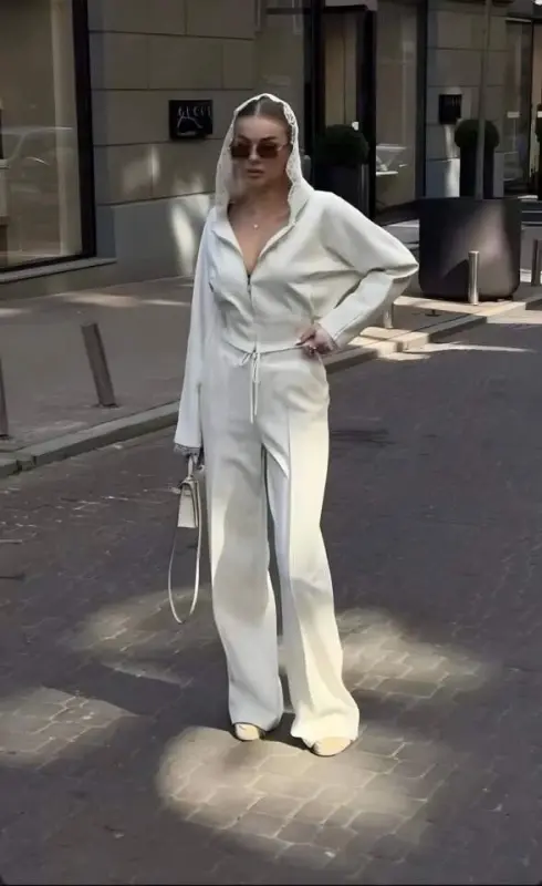 Ayollar Dantel naqshli kapüşon detallı kardigan va ispancha shimlar to'plami - 1