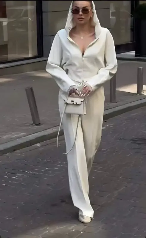 Ayollar Dantel naqshli kapüşon detallı kardigan va ispancha shimlar to'plami - 3