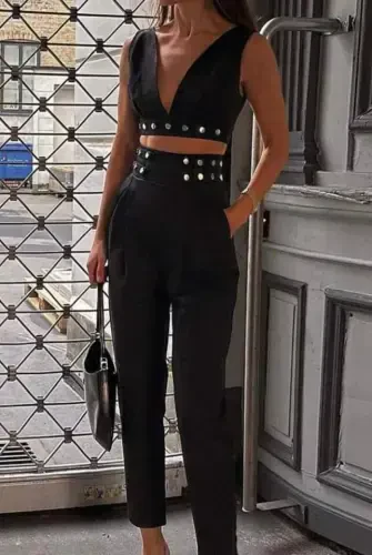 Ayollar Double Krep Mato Tugma Aksessuar Detalli To'plam - 1