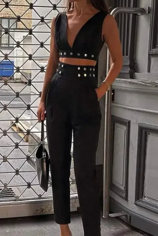 Ayollar Double Krep Mato Tugma Aksessuar Detalli To'plam - 1