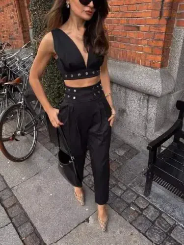 Ayollar Double Krep Mato Tugma Aksessuar Detalli To'plam - 2