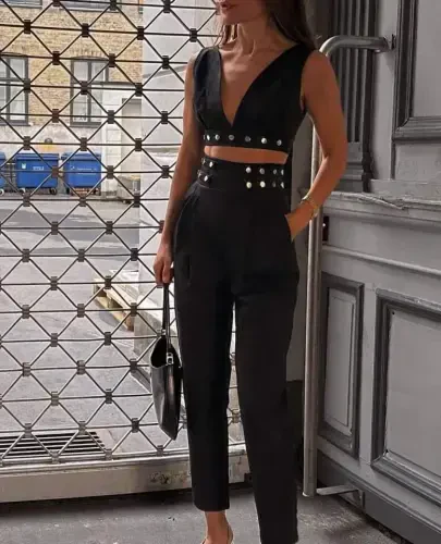 Ayollar Double Krep Mato Tugma Aksessuar Detalli To'plam - 5