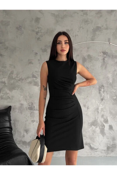 Ayollar drapesli qisqa qora ko'ylak 3073-Qora - 1