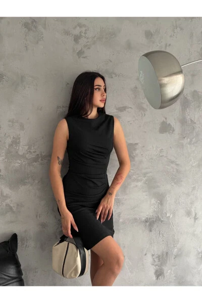 Ayollar drapesli qisqa qora ko'ylak 3073-Qora - 8