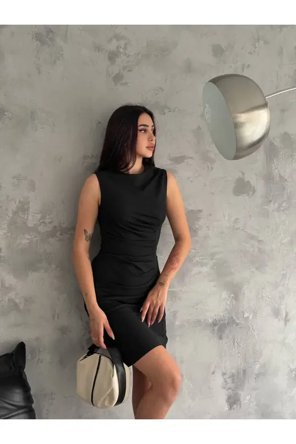 Ayollar drapesli qisqa qora ko'ylak 3073-Qora - 8