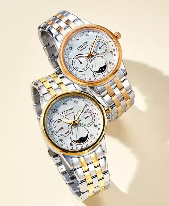 Ayollar Eco-Drive Calendrier Olmos Aksentli Ikki Tonli Zanglamaydigan Po'lat Bilaguzuk Soati 37mm-Gulli Oltin Ikki Tonli - 3
