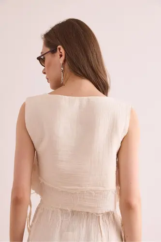 Ayollar Ecru Ikki Qavatli Yomon Tikuv Bog'ich Tafsilotli Musli - 6