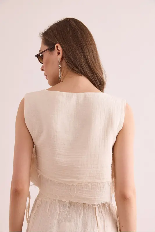 Ayollar Ecru Ikki Qavatli Yomon Tikuv Bog'ich Tafsilotli Musli - 6