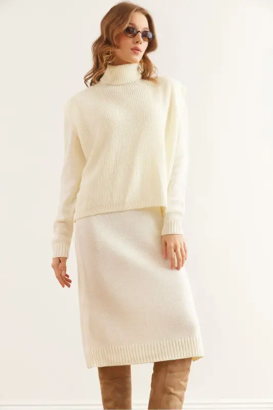 Ayollar Ecru Liboslari Baliqchi Jumper Trikotaj Kostyum TKM-19 - OLALOOK